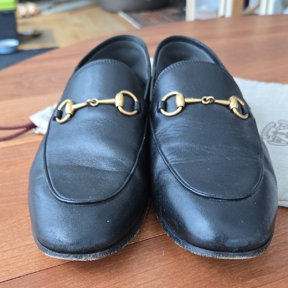 Gucci Black Leather Slip-On Loafers with Gold Detail